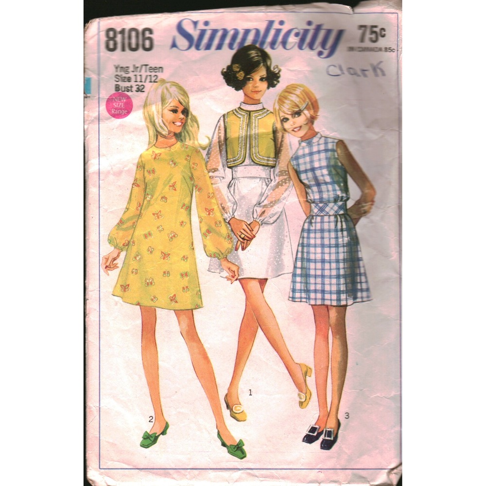 Vintage 1960s Simplicity 8106 Dress and Bolero Sewing Pattern Size 11/12 Bust 32